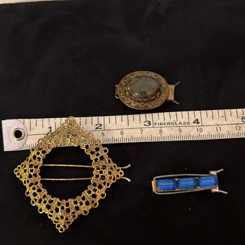 Lot 3 Antique Vintage hair clips barrettes semi precious & crystal